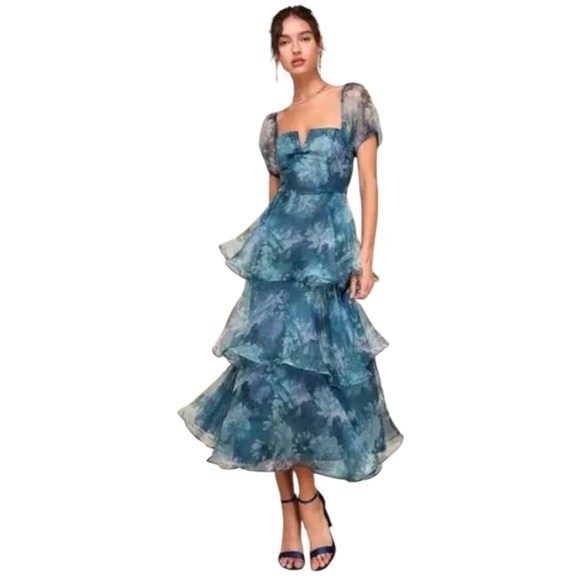 Lulus Dresses & Skirts - NWT Lulu's ‘Darling Vision’ Teal Floral Organza Tiered Midi Dress Sz Medium